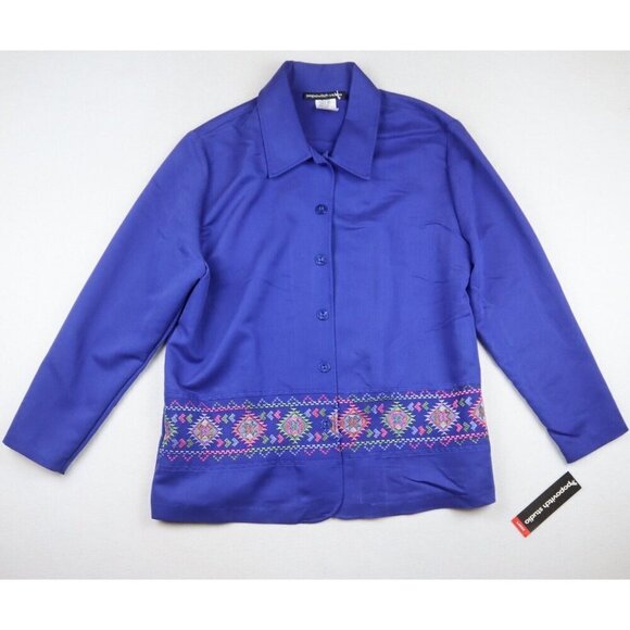 POPOVITCH STUDIO - WOMEN'S BLUE EMBROIDERED BUTTON-UP SHIRT - SIZE L - Picture 1 of 5
